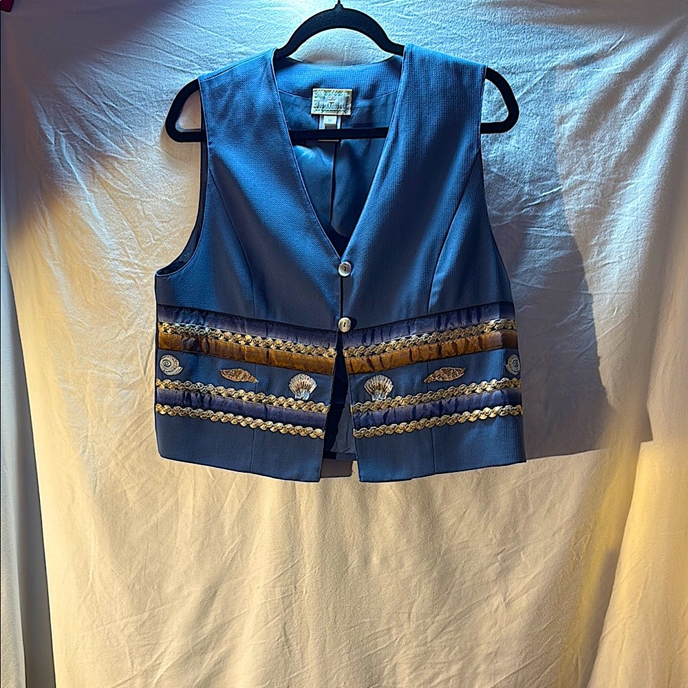 Susan Bristol Vintage Blue and Gold Tailored Embroider Shell Vest